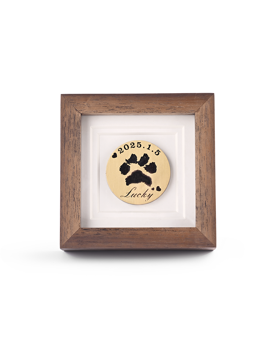 custom-paw-print-pet-memorial-frame-walnut-engraved-brass-1 Custom Paw Print Pet Memorial Frame – Small Solid Walnut Display with Engraved Brass Disc - Image 1