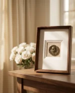 Custom Single Portrait Pet Memorial Frame – Walnut Display with 3D Brass Relief - Image 5