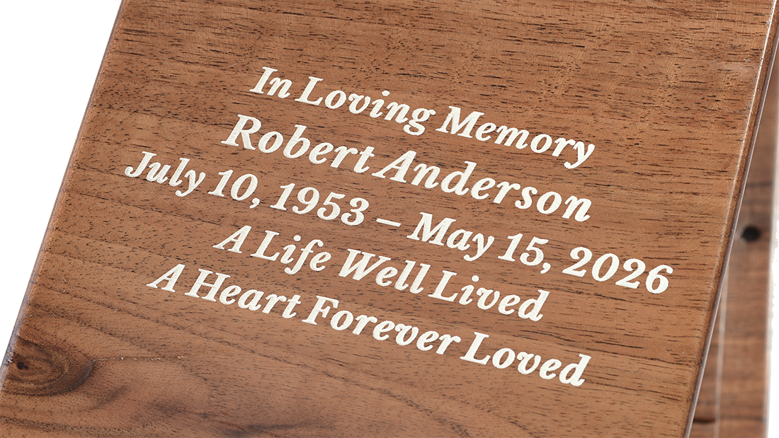 Eternal Flame Solid Walnut Square Urn for Ashes by Royal Memorials, showing a close-up detail of custom personalized engraving