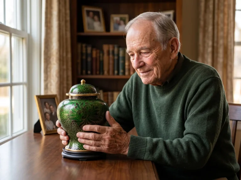 An elderly man holding an authentic handcrafted green cloisonne cremation urn in a home setting