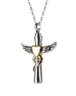 Front view of stainless steel angel wings cross pendant with central gold heart and ribbon detailing