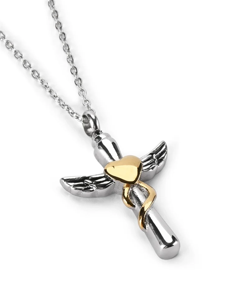 Two-tone angel wings cross cremation necklace for ashes in stainless steel with gold heart accent