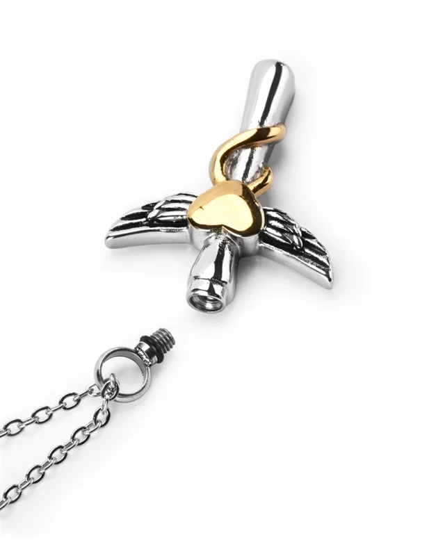 Top view showing unscrewed top bail opening of angel wings cross cremation necklace