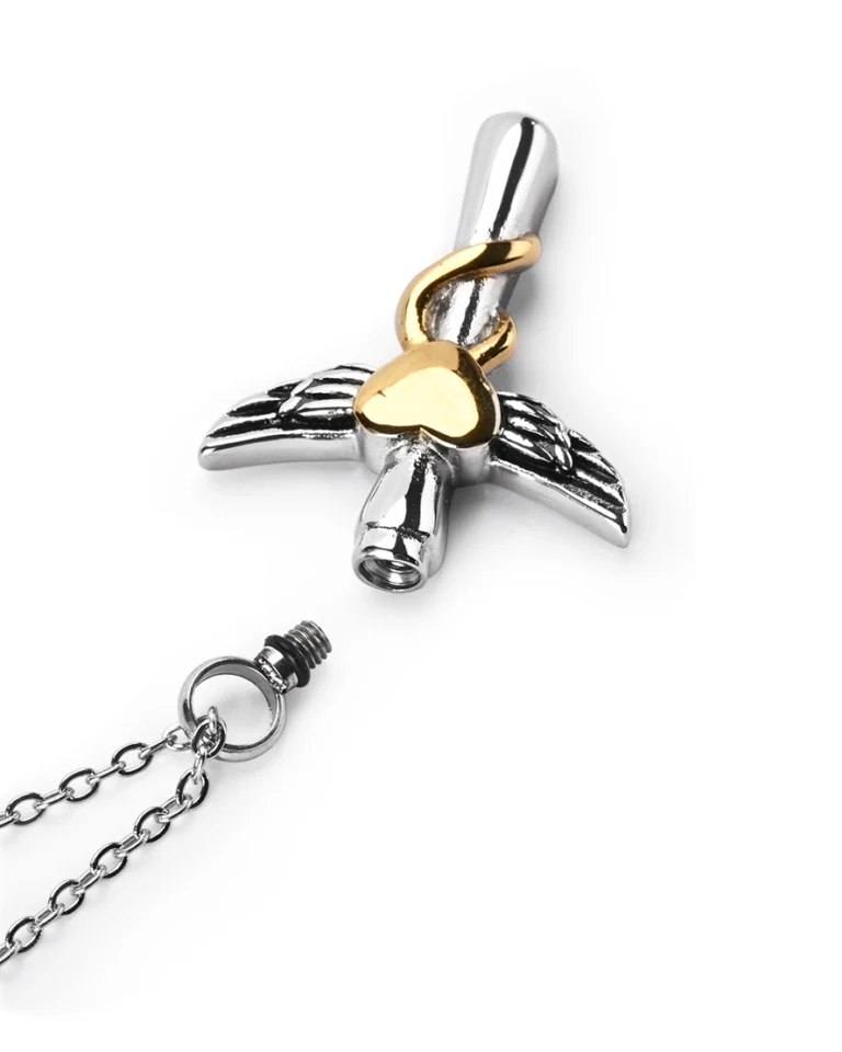 Top view showing unscrewed top bail opening of angel wings cross cremation necklace