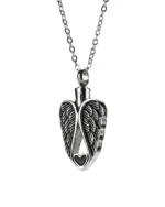 Front view of angel wings heart cremation necklace with antiqued feather details and hollow heart accent