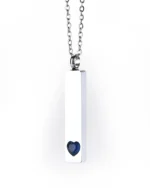 Front view of Blue Crystal Heart Bar Cremation Necklace for Ashes with heart crystal accent