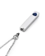 Threaded top screw bail opening and rubber gasket on Blue Crystal Heart Bar Cremation Necklace for Ashes
