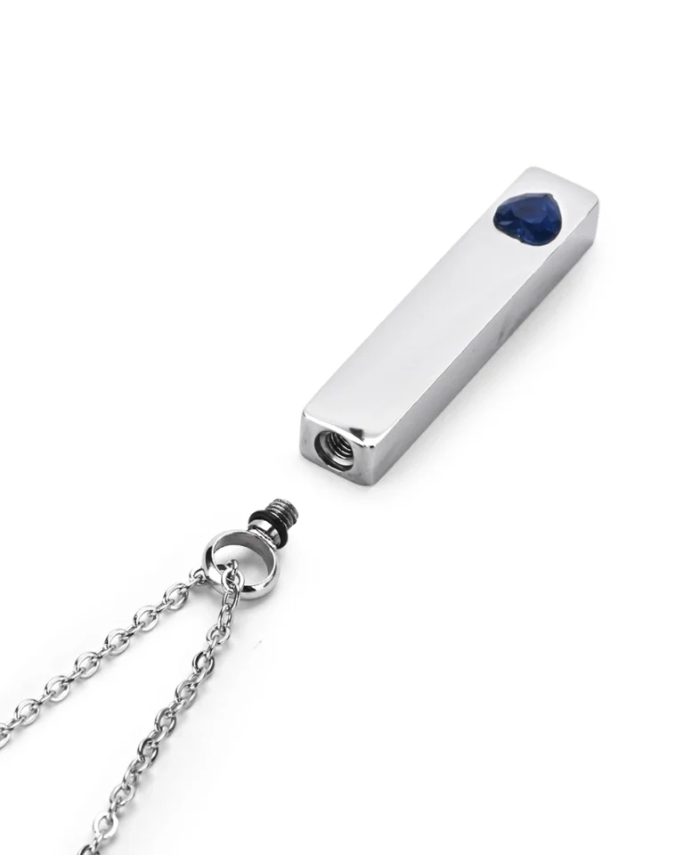 Threaded top screw bail opening and rubber gasket on Blue Crystal Heart Bar Cremation Necklace for Ashes