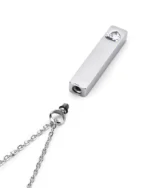 Threaded top screw bail opening and rubber gasket on Clear Crystal Heart Bar Cremation Necklace for Ashes
