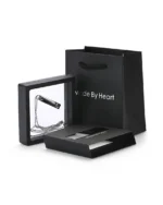 Royal Memorials luxury black presentation box and display frame for clear crystal heart bar cremation necklace