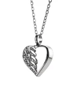 Front view of heart cremation necklace with crystal angel wing and polished stainless steel side