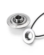 Disassembled satin gray titanium cremation necklace showing threaded waterproof urn chamber and bearing