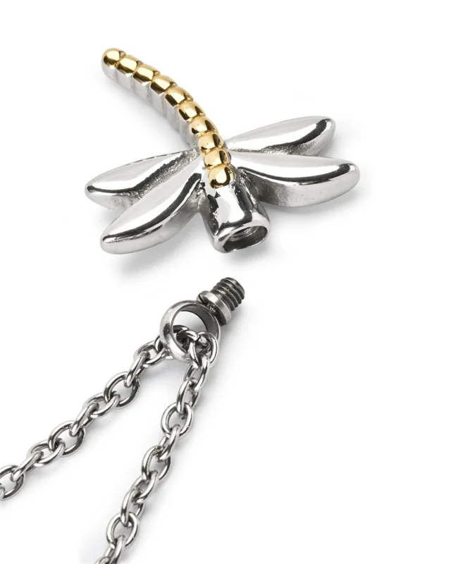 Threaded screw opening of the dragonfly cremation necklace showing the secure ash chamber