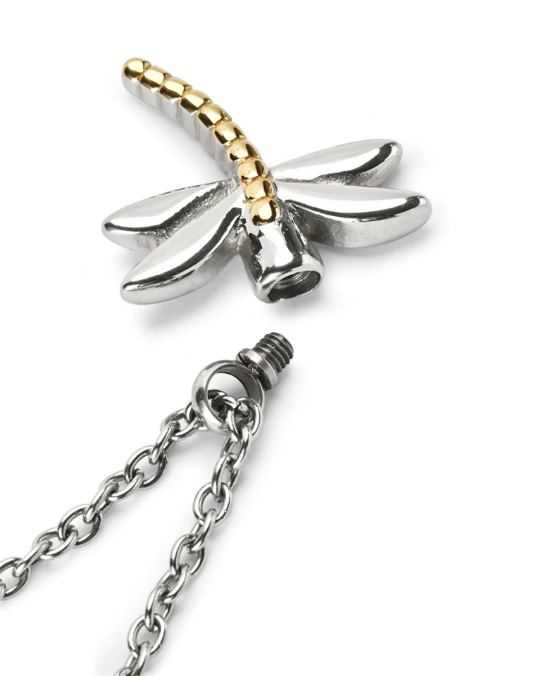 Threaded screw opening of the dragonfly cremation necklace showing the secure ash chamber
