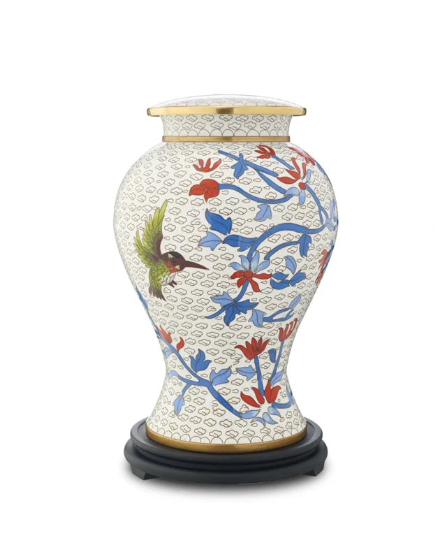 Hummingbird Blossom Cloisonne Cremation Urn by Royal Memorials with floral and hummingbird enamel design