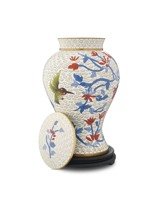 Royal Memorials Hummingbird Blossom Urn showing threaded lid removed and brass interior