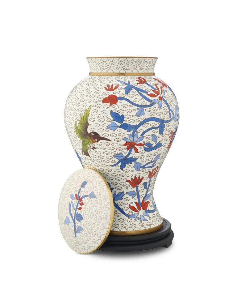 Royal Memorials Hummingbird Blossom Urn showing threaded lid removed and brass interior