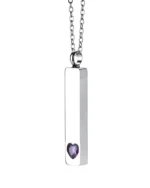 Front view of Lavender Crystal Heart Bar Cremation Necklace for Ashes with heart crystal accent