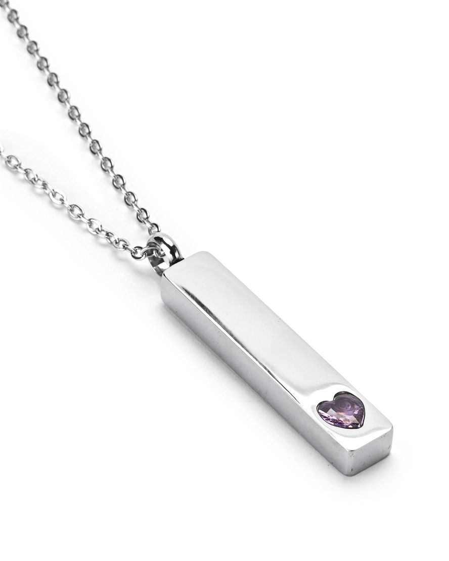 Lavender Crystal Heart Bar Cremation Necklace for Ashes - Main View Angled view of Lavender Crystal Heart Bar Cremation Necklace for Ashes featuring a raised lavender heart crystal accent