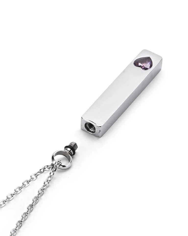 Threaded top screw bail opening and rubber gasket on Lavender Crystal Heart Bar Cremation Necklace for Ashes