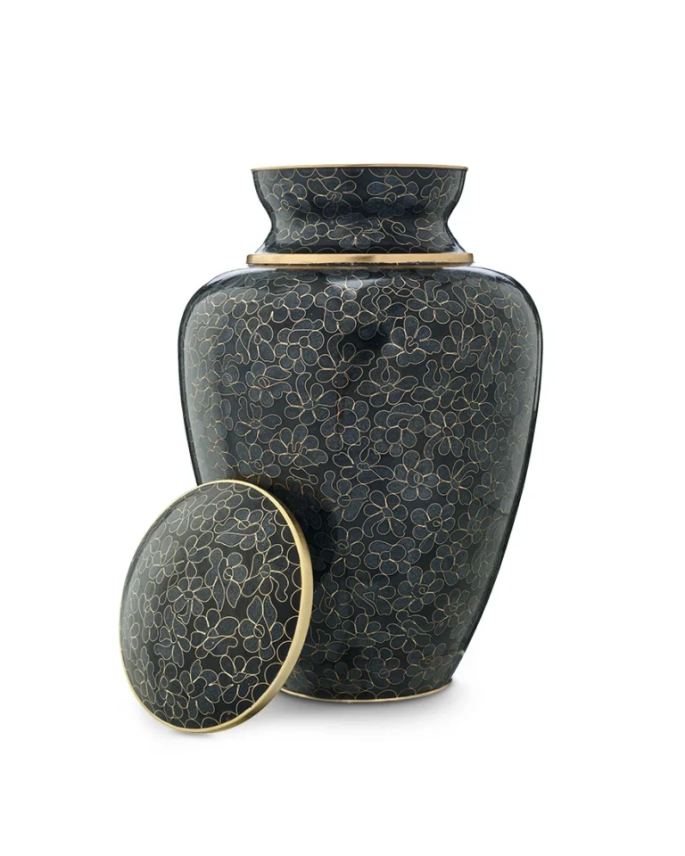Midnight Teal Floral Cloisonne Cremation Urn for Ashes handcrafted brass memorial urn with floral enamel design Royal Memorials