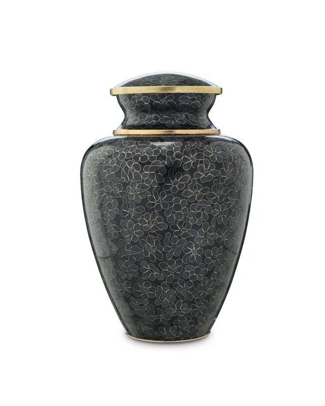 Midnight Teal Floral Cloisonne Cremation Urn for Ashes handcrafted brass memorial urn with floral enamel design Royal Memorials