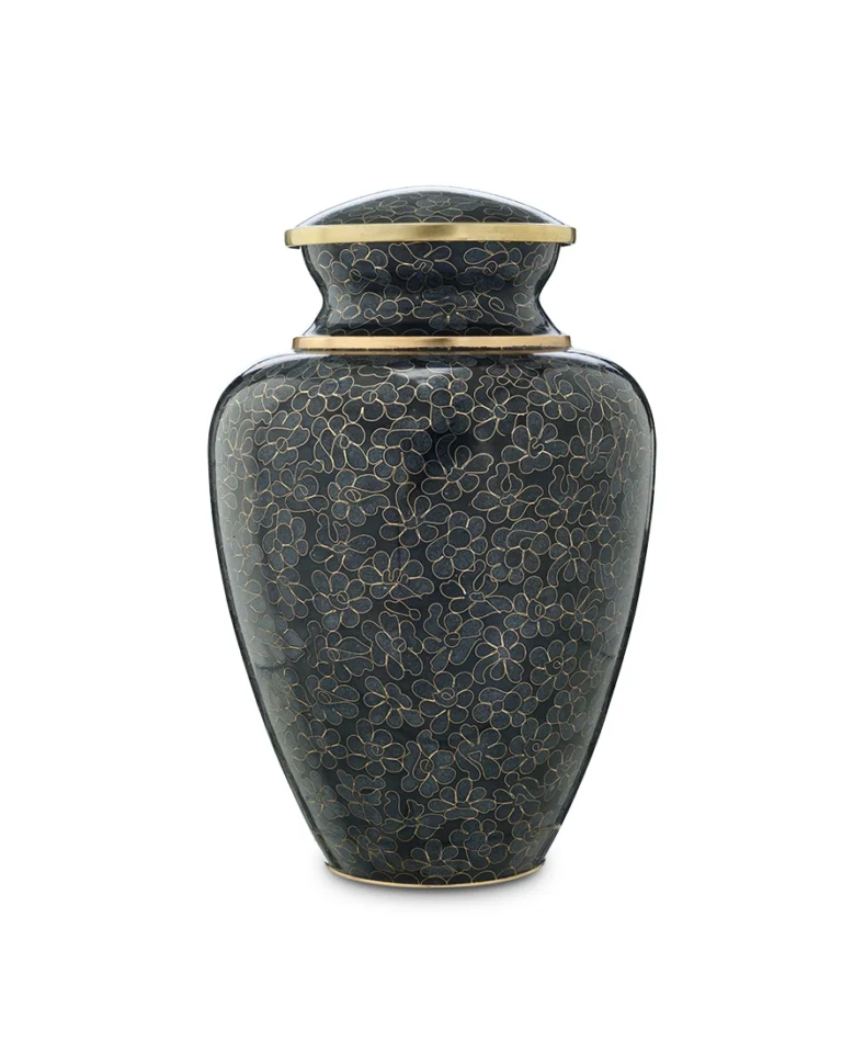Midnight Teal Floral Cloisonne Cremation Urn for Ashes handcrafted brass memorial urn with floral enamel design Royal Memorials