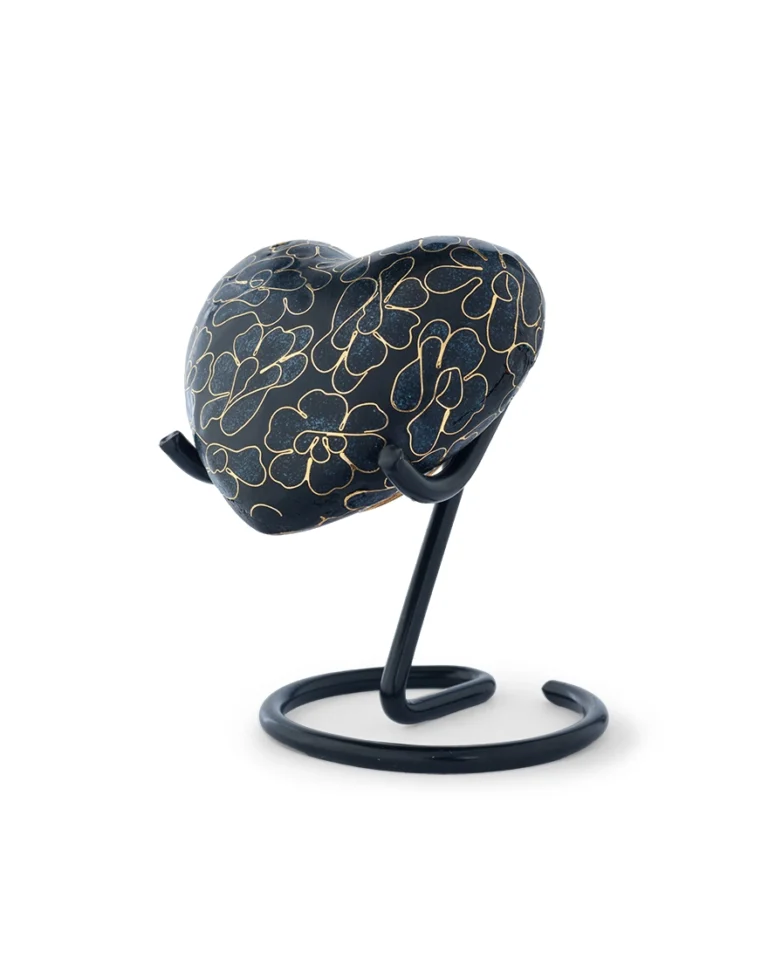 Midnight Teal Floral Cloisonne Heart Keepsake Urn with display stand, handcrafted heart-shaped memorial for ashes