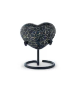 Midnight Teal Floral Cloisonne Heart Keepsake Urn with display stand, handcrafted heart-shaped memorial for ashes