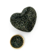 Detail view showing the floral pattern and gold-lined back of Royal Memorials Midnight Teal Cloisonne heart urn