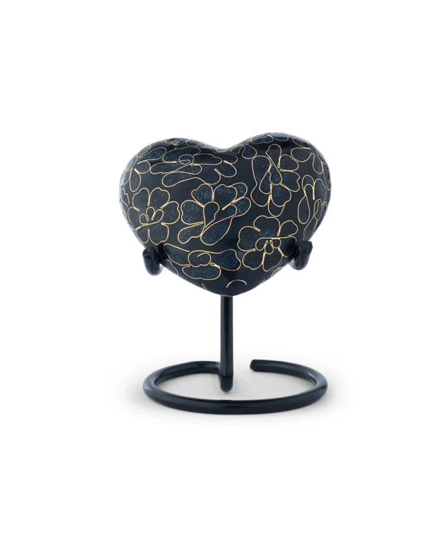 Midnight Teal Floral Cloisonne Heart Keepsake Urn with display stand, handcrafted heart-shaped memorial for ashes