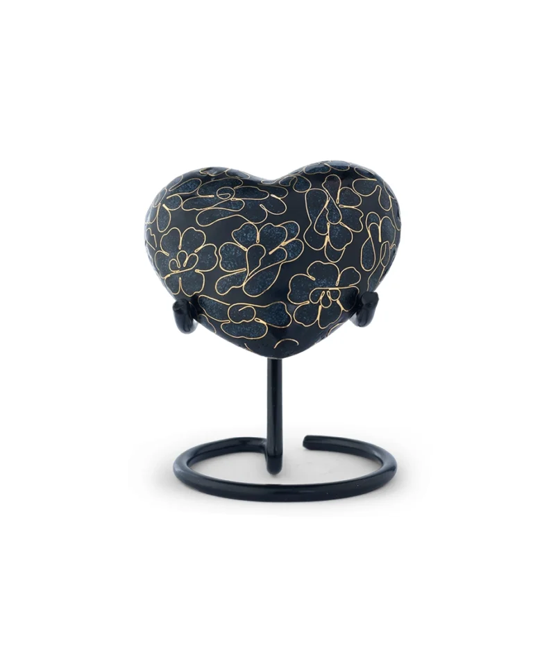 Midnight Teal Floral Cloisonne Heart Keepsake Urn with display stand, handcrafted heart-shaped memorial for ashes
