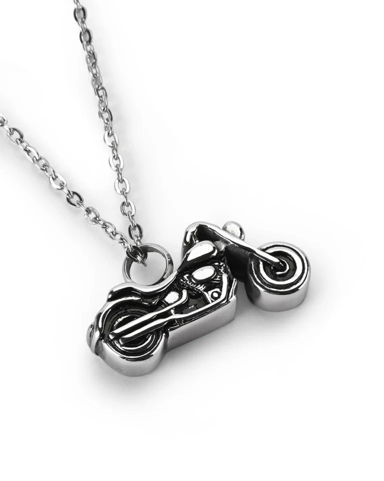 Motorcycle cremation necklace for ashes with stainless steel cruiser bike pendant