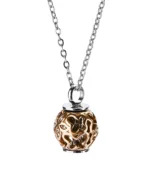 Front view of rose gold filigree sphere cage cremation necklace with crystal accents and stainless steel inner cylinder