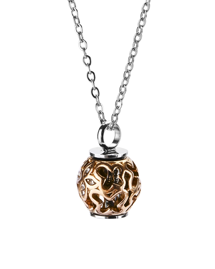Rose Gold Filigree Cylinder Cremation Necklace for Ashes Front view of rose gold filigree sphere cage cremation necklace with crystal accents and stainless steel inner cylinder