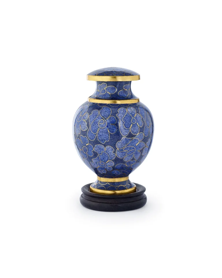 Royal Blue Floral Cloisonne Keepsake Urn on wooden base