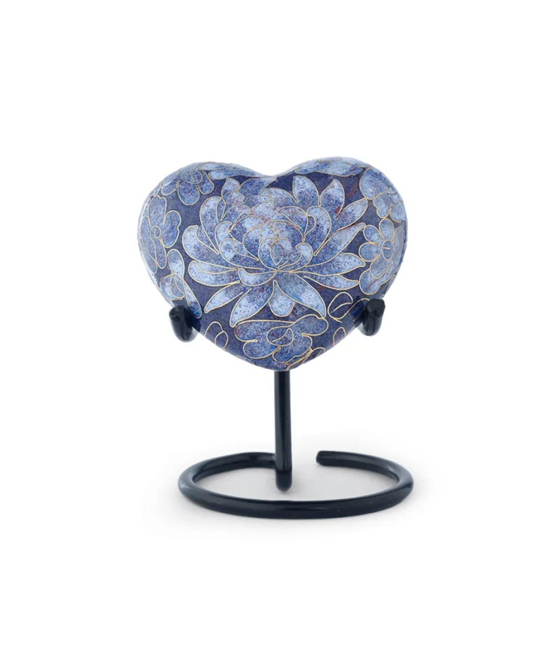 Royal Blue Floral Cloisonne Heart Keepsake Urn with display stand