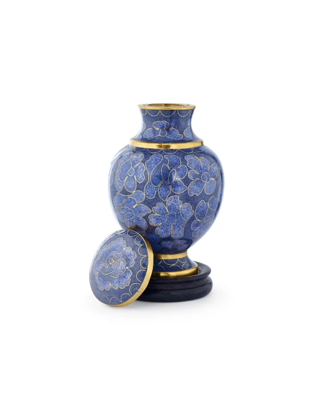 Royal Blue Floral Cloisonne Keepsake Urn with decorative lid removed