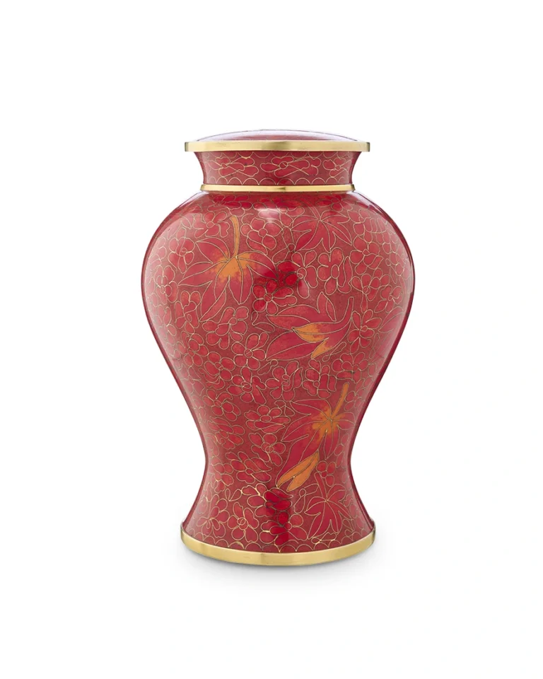 Autumn Maple Cloisonne Cremation Urn with red enamel and maple leaf design