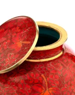 Close-up detail of cloisonne enamel and brass rim on Autumn Maple cremation urn