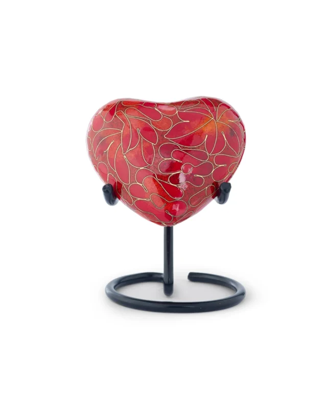 Autumn Maple Cloisonne Heart Keepsake Urn on display stand