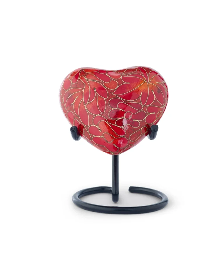 Autumn Maple Cloisonne Heart Keepsake Urn on display stand