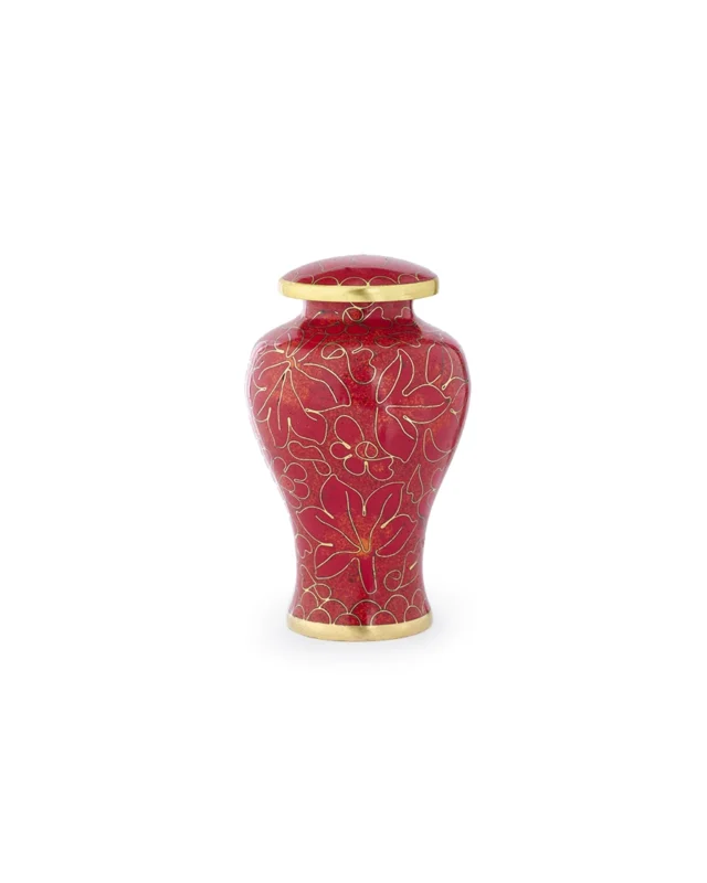 Autumn Maple Cloisonne Keepsake Urn with red enamel and maple leaf design