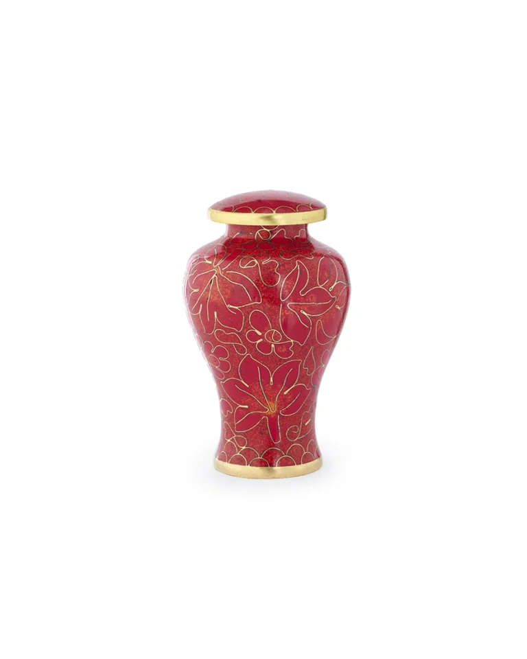 Autumn Maple Cloisonne Keepsake Urn with red enamel and maple leaf design