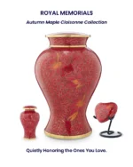Royal Memorials Autumn Maple Cloisonne Collection with adult urn, keepsake, and heart tribute