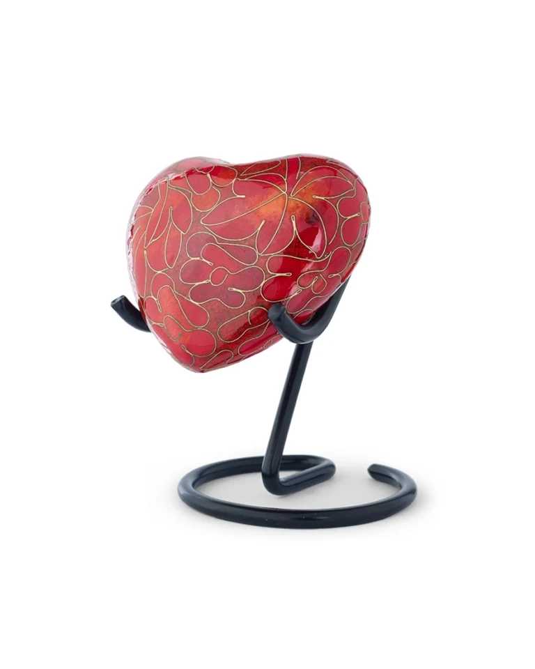 Side angle of Autumn Maple Cloisonne Heart keepsake urn