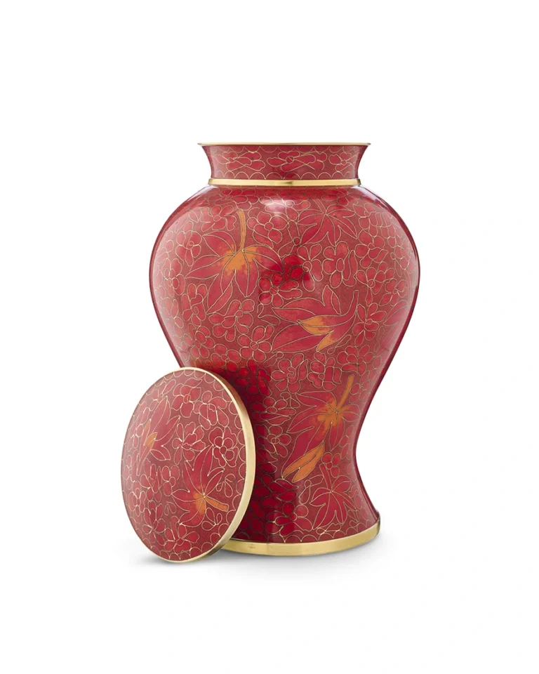 Autumn Maple Cloisonne Cremation Urn with threaded lid removed