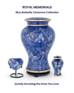 Royal Memorials Blue Butterfly Cloisonne cremation urn set, hand-crafted adult urn and keepsake for ashes