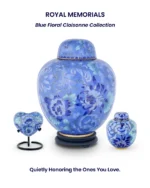 Royal Memorials Blue Floral Cloisonne cremation urn set, hand-crafted adult urn and keepsake for ashes