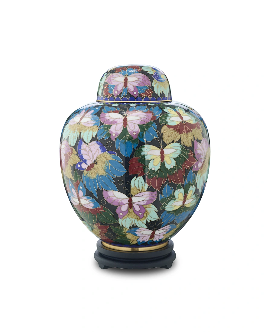 Royal Memorials Butterfly Garden Cloisonne Cremation Urn with vibrant butterfly motif on black enamel